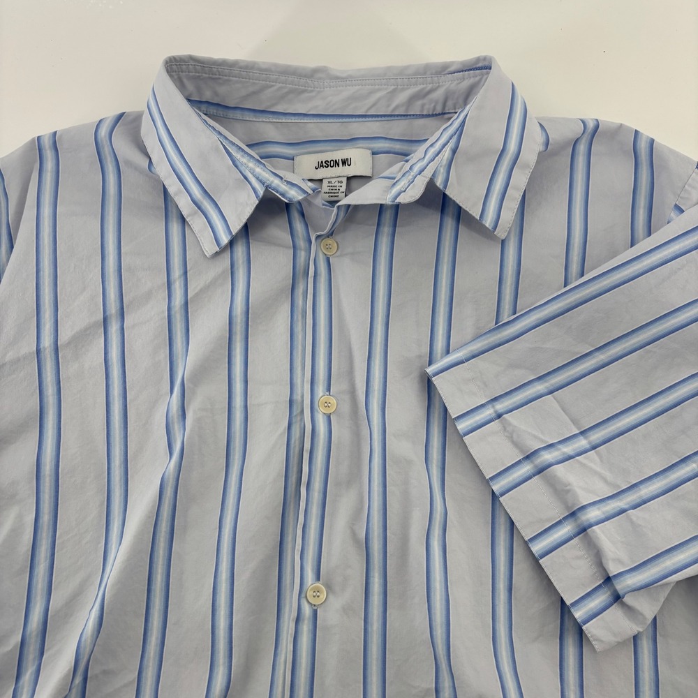 Jason Wu Button Up Shirt Mens XL Blue White Striped Short Sleeve Cotton Blend